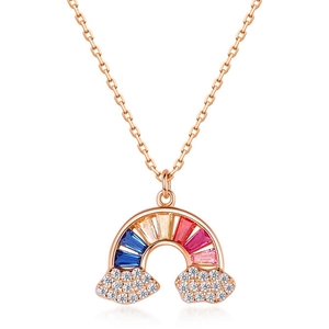 Rainbow pendant necklace with colorful zircons and clouds on rose gold chain