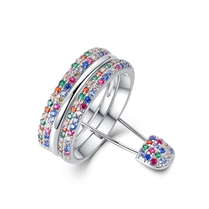 Bague triple en argent S925 sertie de zircons arc-en-ciel avec pendentif épingle à nourrice