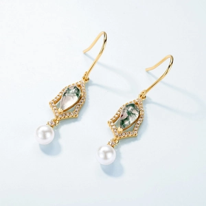 Boucles d'oreilles vintage en or avec agate mousse en goutte et perles blanches