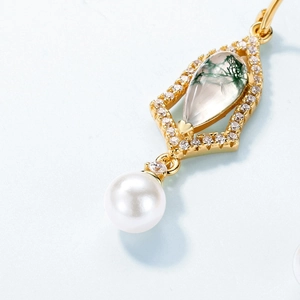 Boucles d'oreilles vintage en agate mousse avec crochet argent S925 et perle naturelle