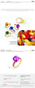 Macro detail of S925 silver ring with 10mm colored crystal and technical size specs