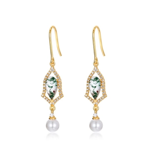 Boucles d'oreilles vintage dorées avec agate mousse, zircons et perles suspendues