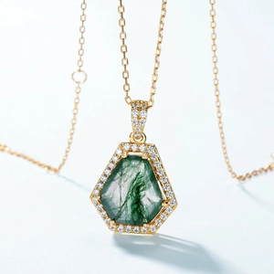 925 Sterling Silver Hexagon Moss Agate Pendant Only Without Chain Gold Plated Natural Gemstone Rhinestone Pendant Women Jewelry