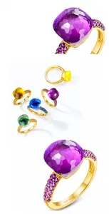Macro shot of S925 silver stamp and hand-set colorful gemstones on gold plated rings