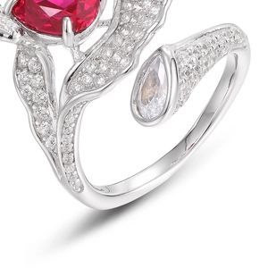 Exaggerated S925 silver ring with irregular red ruby and pavé sparkling diamonds