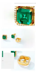 Dettaglio macro di orecchini di smeraldo in argento S925 con pavé e placcatura in oro