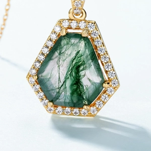 Luxury hexagonal moss agate pendant necklace with S925 silver frame and sparkling crystals