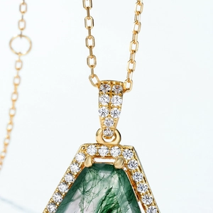 Luxurious gold hexagonal moss agate pendant necklace with pavé diamond halo set on S925 silver
