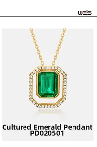 Dettaglio del ciondolo smeraldo taglio smeraldo in argento S925 dorato con halo