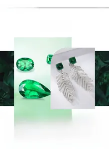 Detailed view of silver long tassel earrings with emerald square stone and white zircons