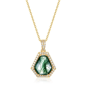Luxurious geometric S925 silver moss agate pendant necklace with sparkling zircon border