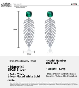 Detail specifications of 50mm leaf-shaped drop earrings with 8mm green emerald stones