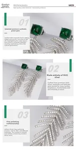 Macro detail of S925 silver emerald earrings with zircon feather tassel and gold plating