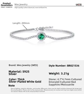 Detailed size specifications and close-up view of S925 silver emerald tennis bracelet