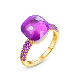 Luxurious S925 silver gold-plated ring with square purple gemstone and side clusters
