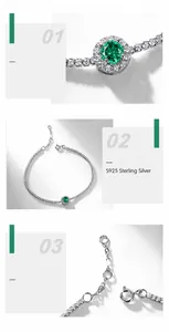 Macro detail of S925 silver tennis bracelet featuring emerald gemstone and pavé diamonds