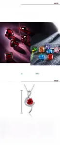 Macro detail of note-shaped S925 silver necklace with 6.5mm red ruby pendant