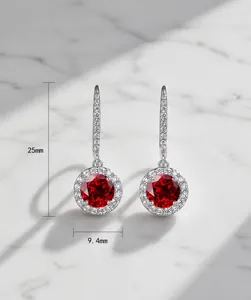 Detailed view of S925 silver drop earrings with 6.5mm lab-grown rubies and halo diamonds