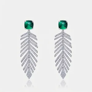 925 Sterling Silver Tassel Earrings Lab Grown Emerald Ruby Rhinestone Feather Elegant Wedding Party Jewelry For Women