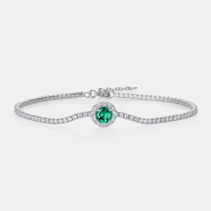 Luxury 925 Sterling Silver Lab-Grown Emerald Moissanite Tennis Bracelet For Women Round Halo Synthetic Ruby Jewelry Gift