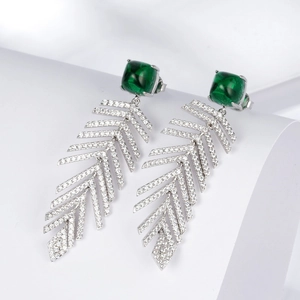 925 silver dangling earrings with green square gemstone and sparkling zircon tassels