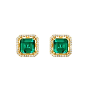 Orecchini a perno quadrati con smeraldo sintetico e contorno di diamanti in argento S925