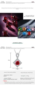 Macro detail of S925 silver square red ruby pendant with micro-set diamond accents