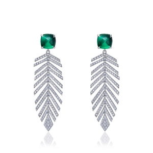 925 silver fringe stud earrings featuring green gemstone and sparkling feather pendants