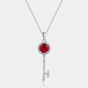 Elegant 925 Sterling Silver Key Pendant Necklace With Lab Grown Ruby And Rhinestones Luxury Fine Jewelry Gift For Women