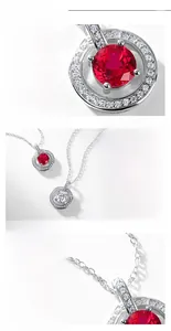 Detailed close-up of S925 sterling silver halo pendant necklace with lab-grown ruby stone