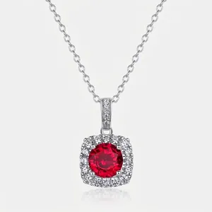 925 Sterling Silver Square Halo Pendant Necklace For Women Elegant Cultivated Ruby Moissanite Rhinestone Inlaid Clavicle Chain Jewelry Gift