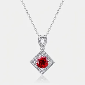 Elegant 925 Sterling Silver Cultured Ruby Necklace For Women Geometric Square Halo Rhinestone Pendant Necklace Jewelry Gift