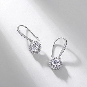 Elegant S925 sterling silver halo drop earrings with large round ruby red gemstone