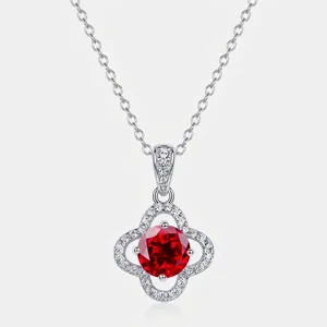 925 Sterling Silver Clover Pendant Necklace For Women Lab-Grown Ruby Zirconia Inlaid Elegant Fashion Jewelry Necklace Gift