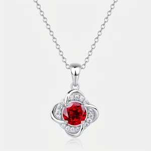 Collier Pendentif Trèfle à Quatre Feuilles Moulin à Vent en Argent Sterling 925 Rubis de Culture Moissanite Bijoux Femme