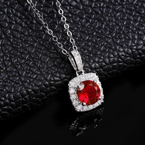 Elegant silver square necklace with large red ruby center stone and zircon diamonds