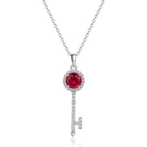 Elegant S925 silver key necklace featuring a halo-set red gemstone with pavé diamonds