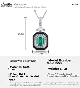 Detailweergave van S925 zilveren ketting met afmetingen van vierkante smaragd hanger