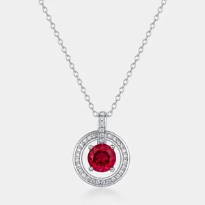 925 Sterling Silver Lab-Grown Ruby Moissanite Circle Pendant Necklace Elegant Halo Style Rhinestone Inlaid Necklace For Women