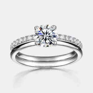 Juego de Anillos de Plata de Ley 925 con Moissanita de 1 Quilate para Mujer Corte Redondo Strass Boda Joyería de Dos Piezas
