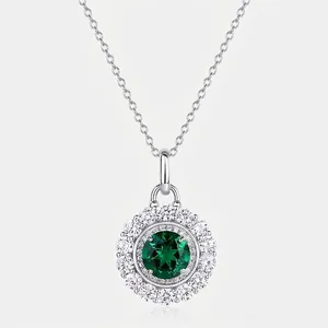 Collier Pendentif Émeraude de Laboratoire Ronde en Argent Sterling 925 Vintage Bijoux Zirconia Halo pour Cadeau Femme