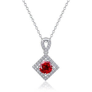 S925 silver necklace with square geometric pendant and central round red gemstone