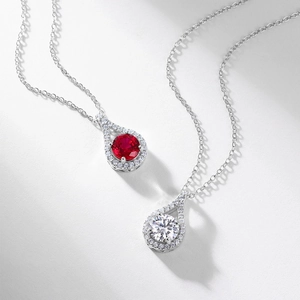 S925 sterling silver teardrop necklaces with vibrant red and white lab-grown gemstones