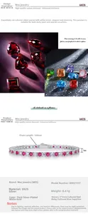 Macro view of S925 silver tennis bracelet with red lab-grown rubies and white cubic zirconia