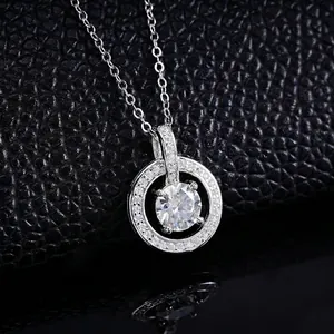 S925 sterling silver halo necklace with round cut crystal pendant and fine link chain