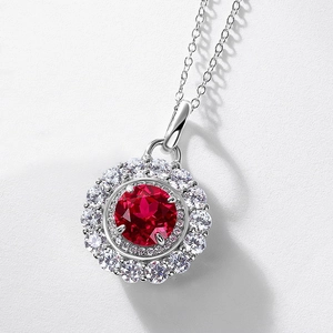 Collier en argent S925 classique avec pendentif rubis rond et halo de zircons blancs