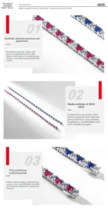 Detail of S925 silver tennis bracelet with red and blue gems and hand-set carbon diamonds
