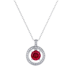 Elegant S925 sterling silver necklace with halo round red ruby and pavé diamonds