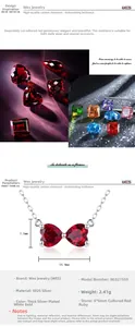Detailed specs of S925 silver bow necklace with heart-cut synthetic ruby pendant