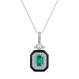 Art Deco smaragd hanger ketting in S925 zilver met zwart emaille en diamanten